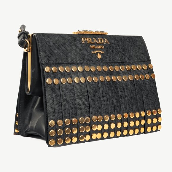 Prada Nero Saffiano Leather Studded Fringe Frame Shoulder Bag - Picture 2 of 14